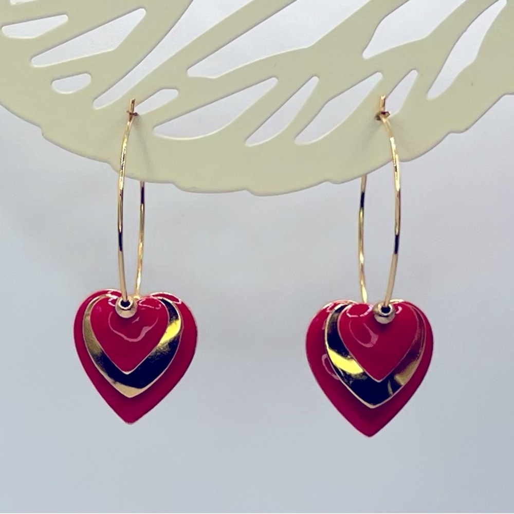 Gold tone Hoop Earrings with Gold tone beads, Red Hearts, Pierced Vintage